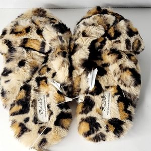 Madewell Fluffy Slippers Leopard Crisscross Recycled Faux Fur Size 6 M NWT